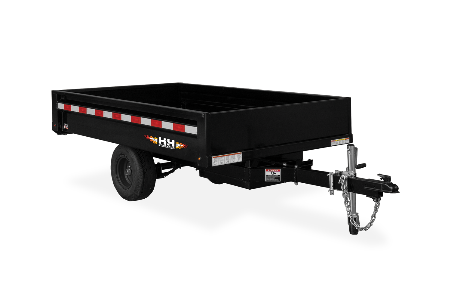 HH 4x8 Homeowner Dump Trailer Front Not Tilted Black Wheels