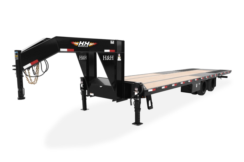 HH Hydraulic Tail Deck Over Trailer Front View Black Wheels